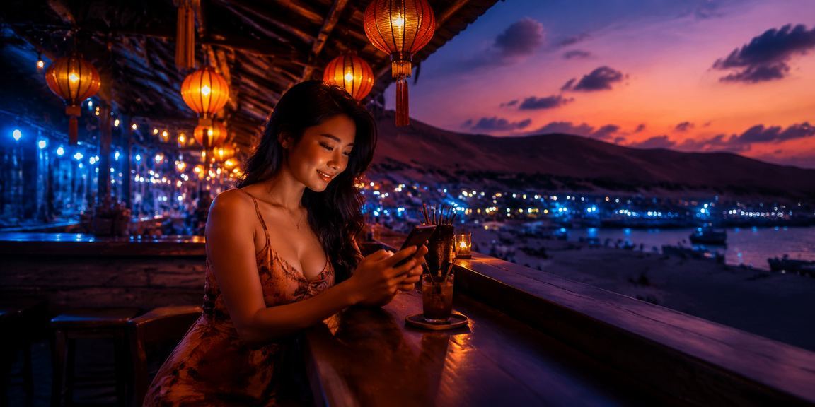 Người chơi tại Mũi Né trải nghiệm casino trên điện thoại di động trong chợ đêm ven biển