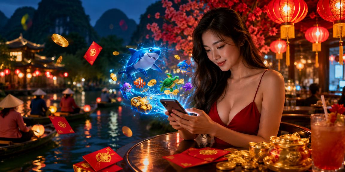 Người dùng tại chợ đêm Ninh Bình chơi bắn cá trực tuyến qua điện thoại trong không khí lễ hội