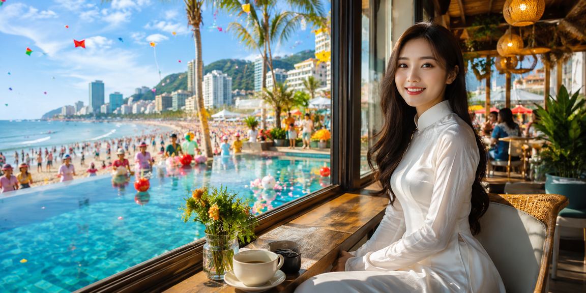 Người phụ nữ mặc áo dài tại Vũng Tàu nhận cashback và kiểm tra tài khoản trên điện thoại